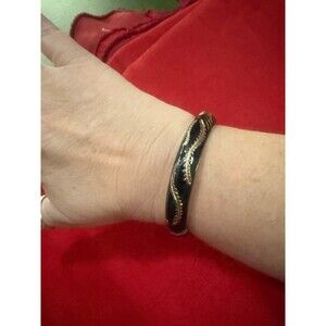 Vintage Black Enamel Hinged Bangle Bracelet Gold Tone Serpent Design by BTF
